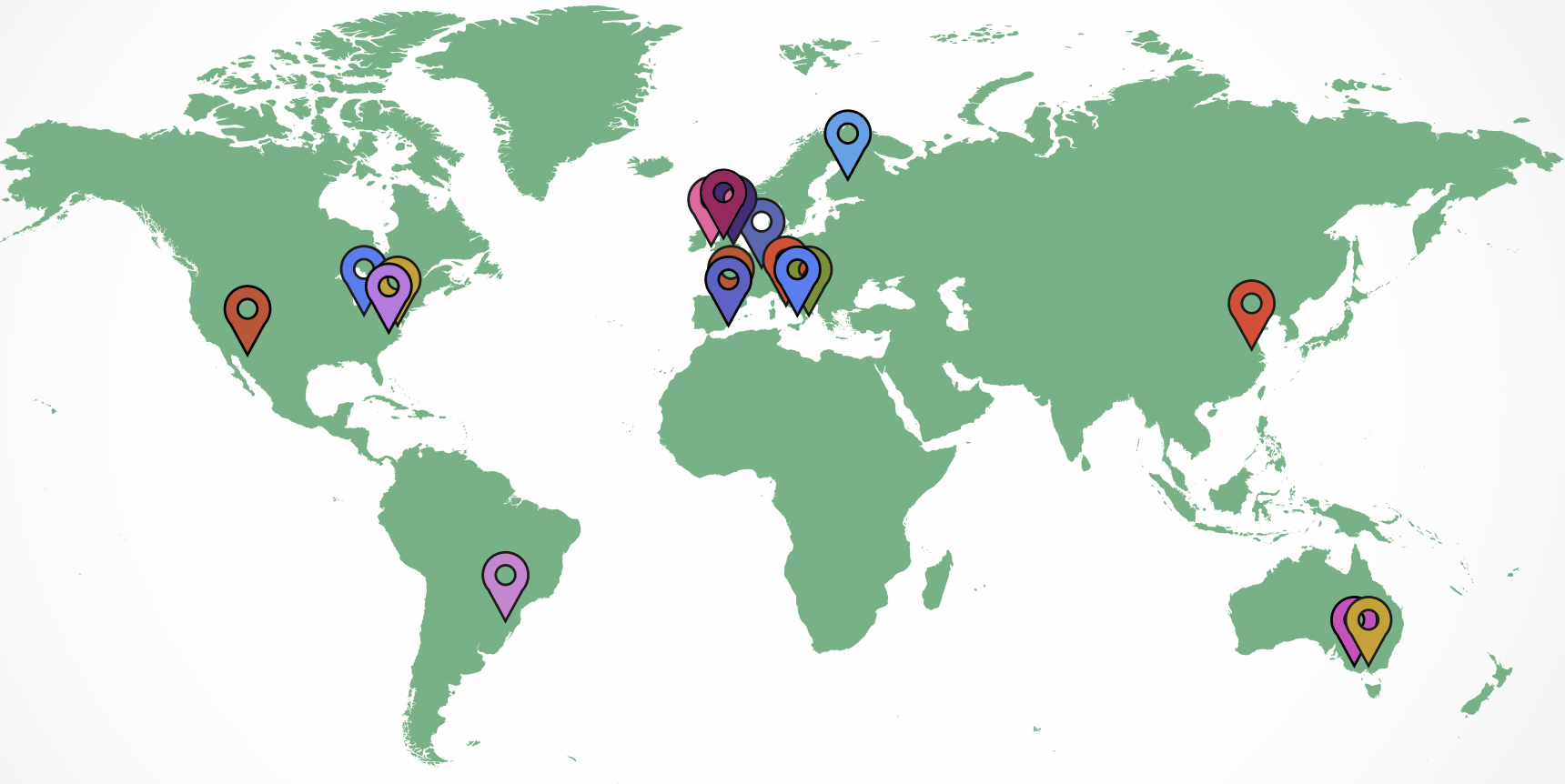 World map with pins dropped at each of the data sharing locations.